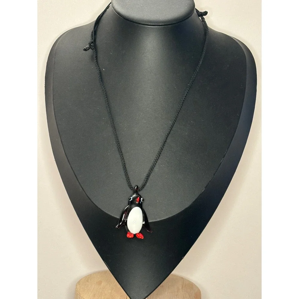 Handmade Lampwork Glass Penguin Pendant Necklace Black Cord Whimsical Jewelry